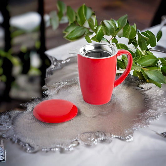 Red Ceramic Tea Cup with Infuser, 300ml